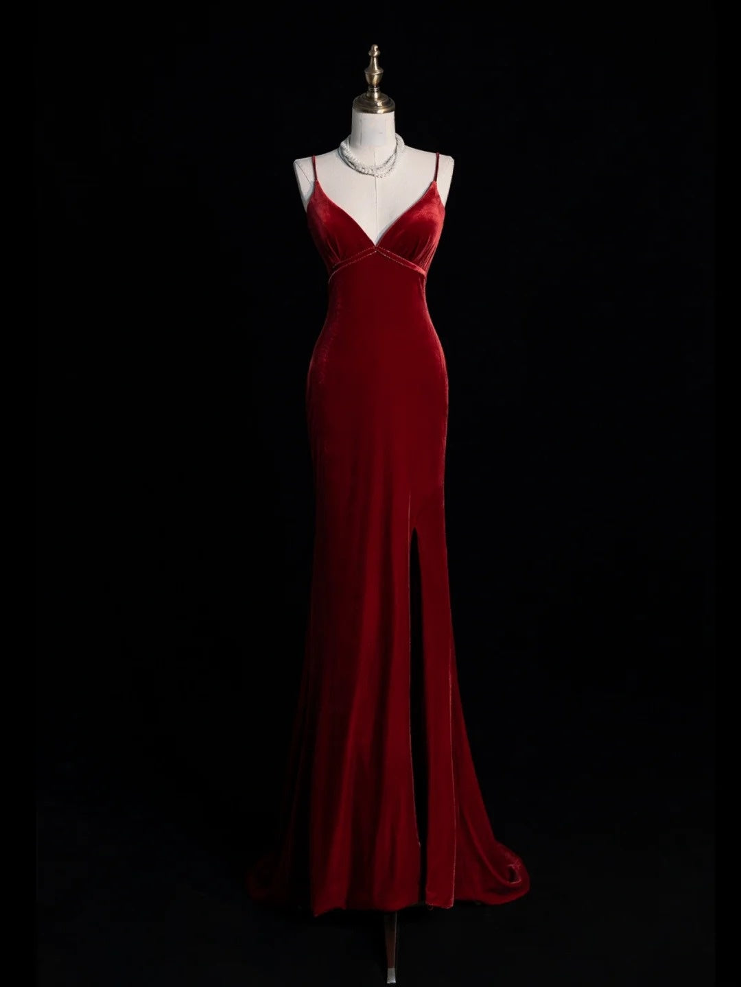Elegantes, ärmelloses, langes Meerjungfrauen-Abendkleid aus burgunderrotem Samt mit Spaghettiträgern für Damen und Mädchen (Modell N679)