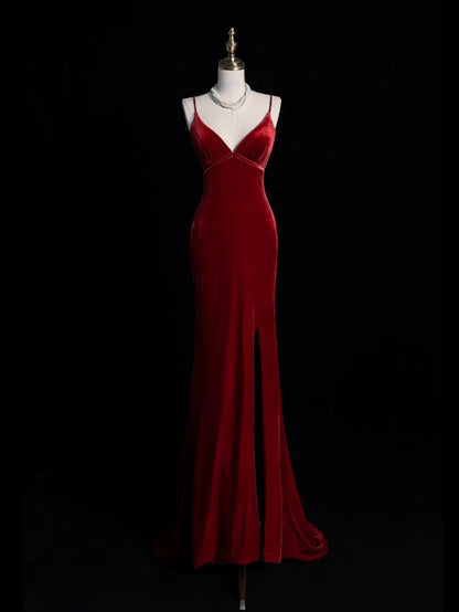 Elegantes, ärmelloses, langes Meerjungfrauen-Abendkleid aus burgunderrotem Samt mit Spaghettiträgern für Damen und Mädchen (Modell N679)