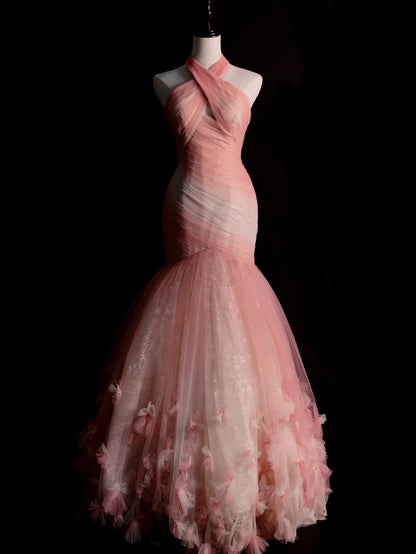 Robe de bal longue sirène élégante en tulle rose à col halter, idéale pour les soirées étudiantes et les remises de diplômes (N1229)