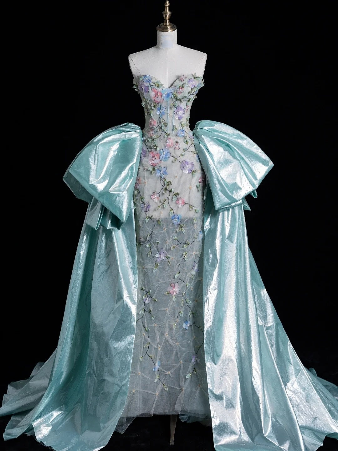 Schlichtes, ärmelloses, langes Tüllkleid mit Blumenmuster und Herzausschnitt in Mintgrün für Damen und Mädchen, Abendkleid N655