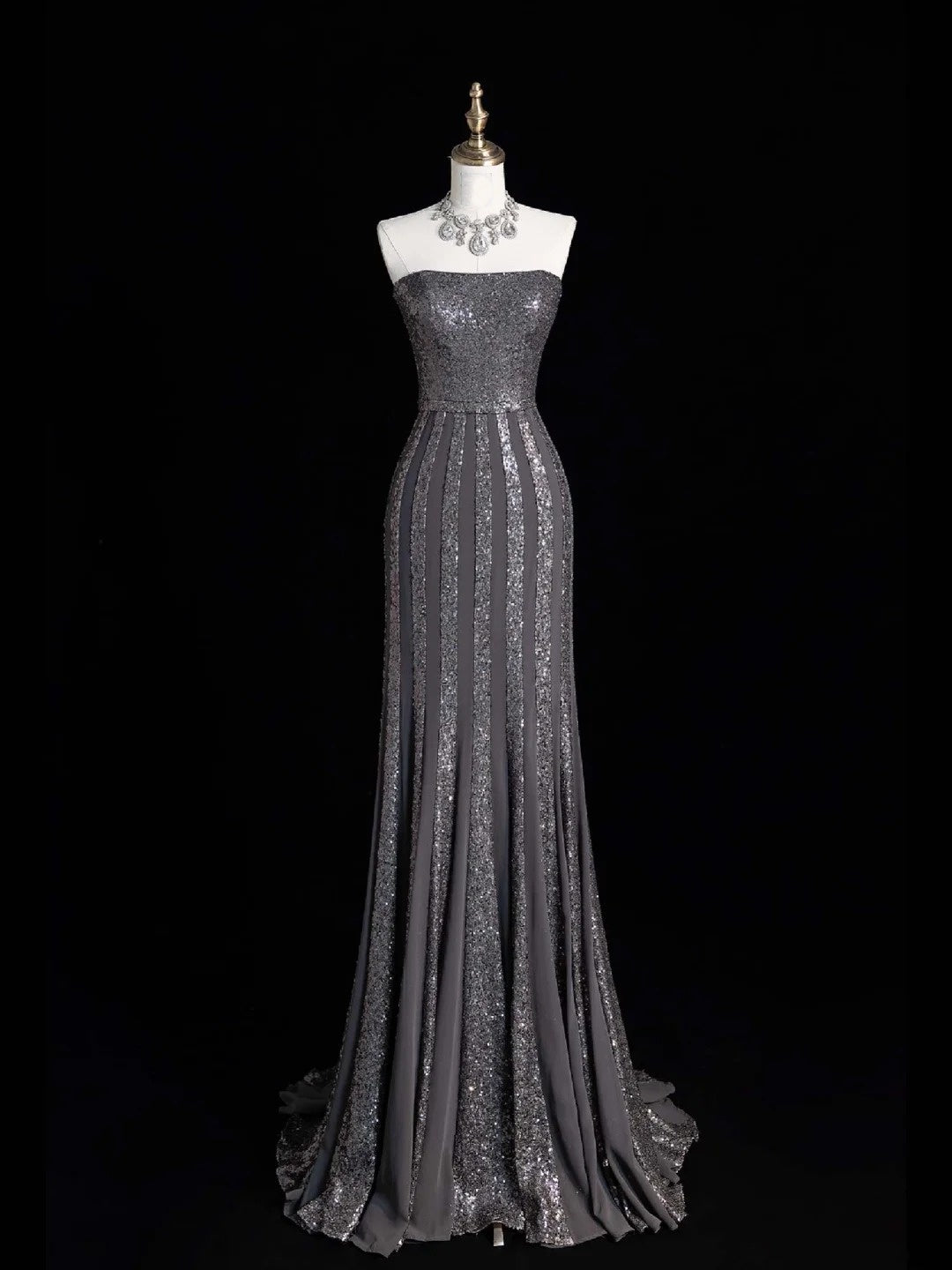 Robe de bal de fin d'année sirène sans bretelles à sequins gris argentés scintillants, robe longue de soirée pour lycéennes N1282