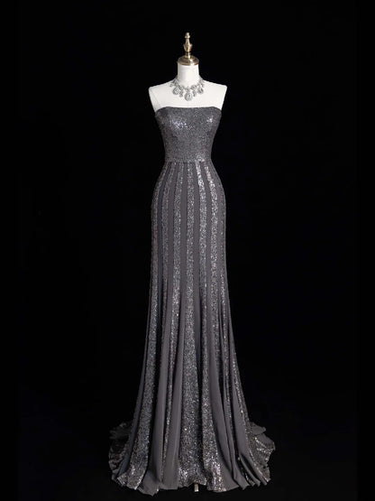 Robe de bal de fin d'année sirène sans bretelles à sequins gris argentés scintillants, robe longue de soirée pour lycéennes N1282