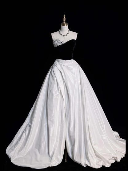 Robe de bal sobre, bustier cœur, haut noir, robe longue en satin blanc pour femmes et jeunes filles, robe de soirée N650
