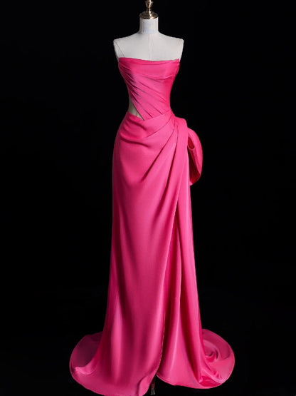 Einfaches, trägerloses, plissiertes, langes Meerjungfrauen-Abendkleid aus rosa Satin mit Satin-Details, Abendkleid N849