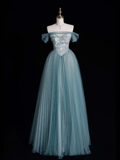 Magnifique robe de bal longue en tulle bleu à épaules dénudées, inspiration robes de soirée, robe de cérémonie N1228
