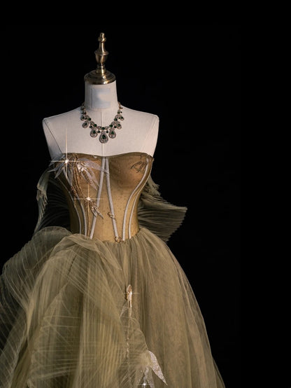 Robe de bal modeste sans bretelles en tulle vert avec appliques, tenue de soirée pour l'université, inspiration robe de bal de fin d'année N1220