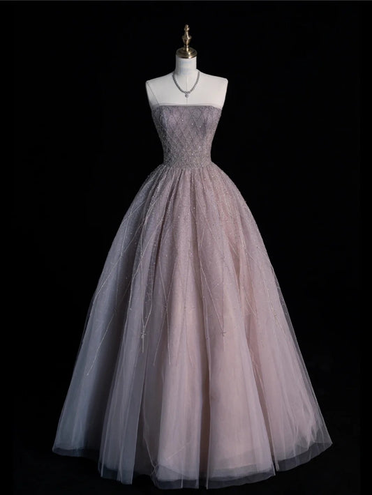 Elegantes, trägerloses Ballkleid mit Perlenstickerei aus grauem Tüll, langes Abendkleid für Teenager-Mädchen, formelles Brautjungfernkleid N1071