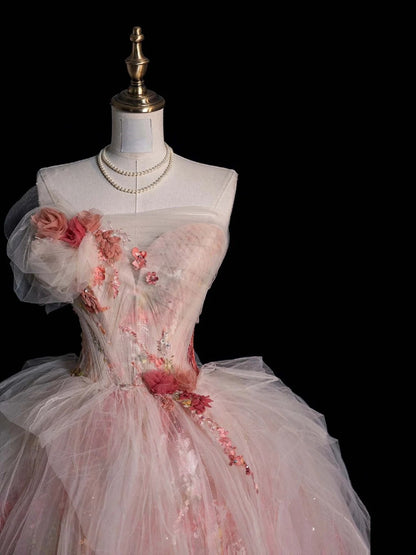 Robe de bal modeste sans bretelles en tulle rose à fleurs, inspiration robes de soirée, robe de princesse formelle N756