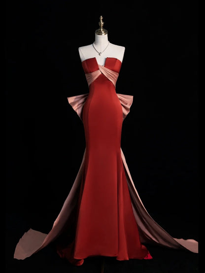 Classy Mermaid Strapless Rust Red Satin Sleeveless Long Senior Prom dresses High School Formal Dresses N1268