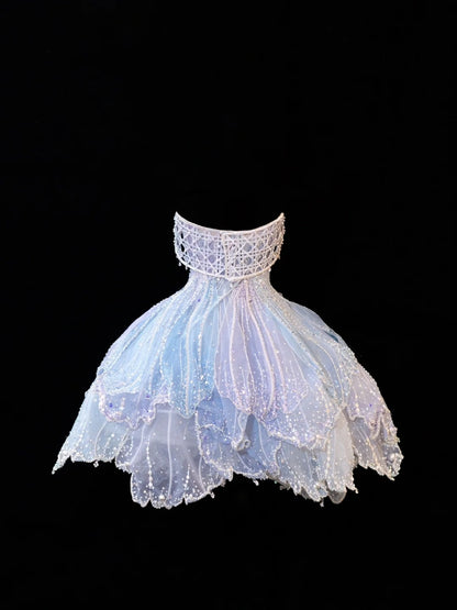 Robe de bal de princesse bustier bleu glacier à paillettes, courte mini robe de rentrée, robes de bal de promo N2841