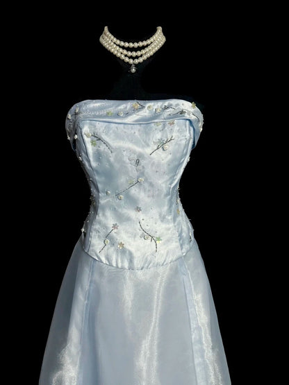 Beautiful Prom Dresses A line Strapless Light Sky Blue Satin Long Evening Outfits N3437