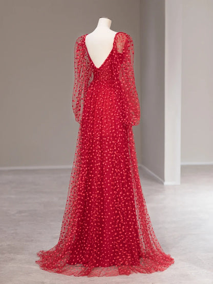 Robes de bal longues sans manches en tulle rouge à pois à la ligne bustier cœur tenues de soirée RB3986