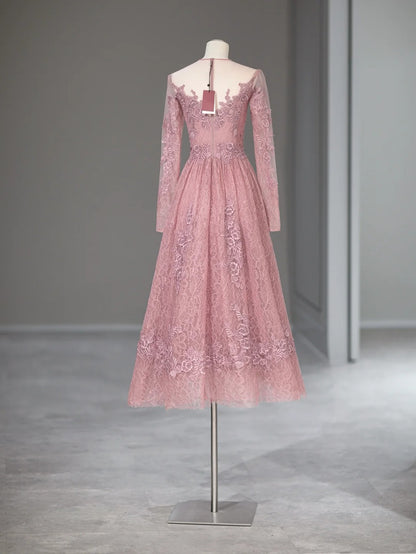 Élégante Robe de Bal Rose Coupe A, Col Rond, Manches Longues, Longueur Thé, Inspiration Tenues de Soirée RB4002