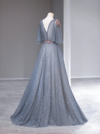Robe de bal col en V tulle bleu poudré sans manches avec perles Robes de soirée Tenues de cérémonie RB3983