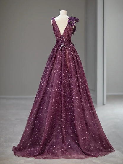 Elegantes A-Linien-Kleid mit V-Ausschnitt, Lila mit Blumenperlen, langes Ballkleid, Abendoutfits RB3999
