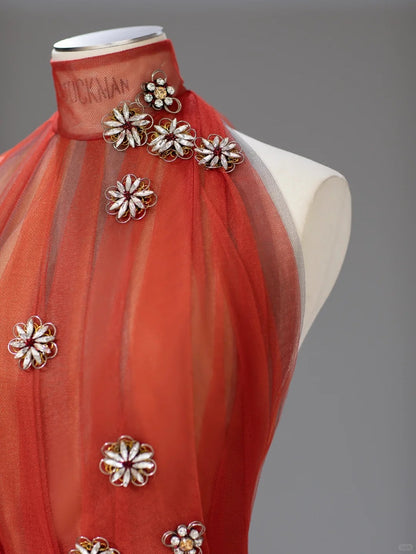 Élégante Robe de Bal Longue Droite Col Montant en Tulle Orange avec Perles Florales Idées Tenues de Soirée RB3998