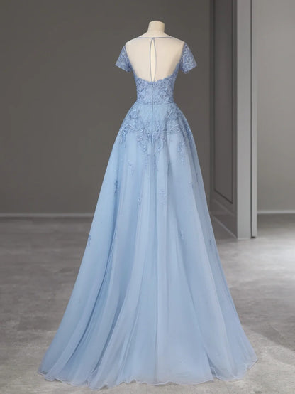 Élégante Robe de Bal Longue Bleu Clair en Tulle Coupe Trapèze avec Appliqués Inspo Tenues de Soirée RB3997