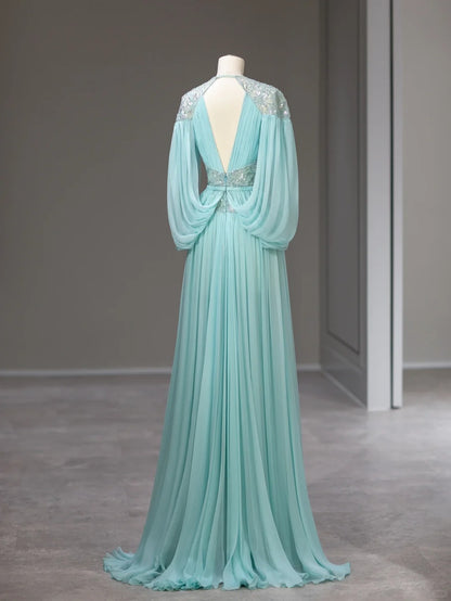 Magnifique Robe de Bal Longue Bleue en Mousseline de Soie avec Manches et Col en V Coupe Trapèze Idée Tenues Formelles RB3992