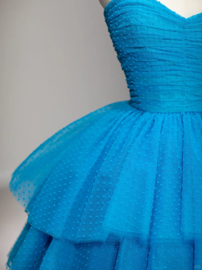 Robe de bal bustier en tulle bleu sans manches pour le bal de promo Tenues de soirée RB3988