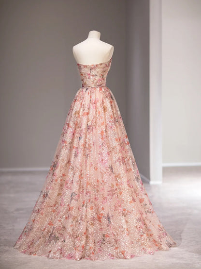 Robes de bal longues sans manches en tulle rose à fleurs coupe trapèze et bustier cœur, Tenues de cérémonie RB3987