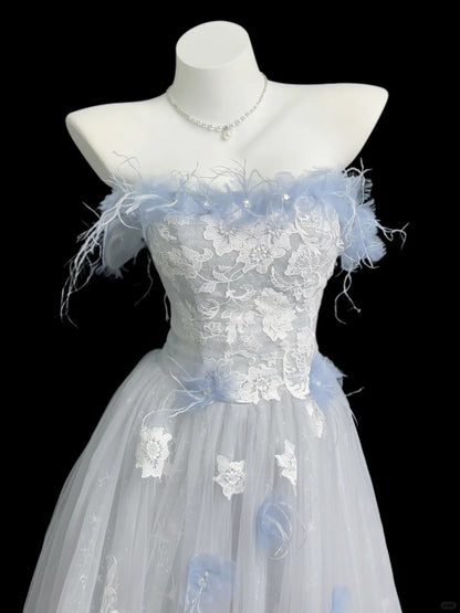 Chic A line Off The Shoulder Light Sky Blue With Lace Long Prom Dress Formal Dress Party Dresses RB7229