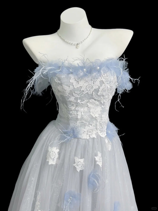 Chic A line Off The Shoulder Light Sky Blue With Lace Long Prom Dress Formal Dress Party Dresses RB7229