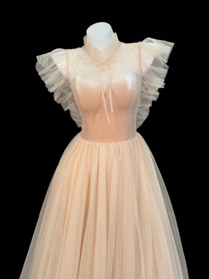Robes de bal de princesse formelles trapèze col carré rose blush en tulle longues robes de soirée N4503