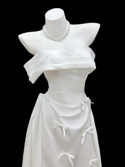 Stilvolle A-Linie schulterfrei weiß lang bodenlang Ballkleider Inspo Abend-Outfits RB4464