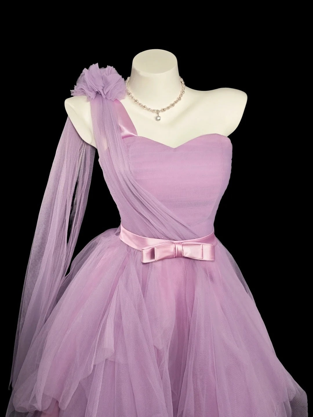Robes de bal de fin d'année courtes en tulle lilas à une épaule, coupe trapèze, pour lycée, modèle N4551