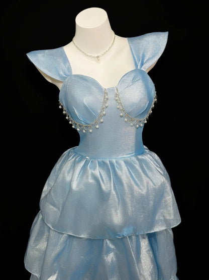 Prinzessin Abschlussballkleider Formelle Ballkleider Herzförmig Blau mit Perlen Lange Partykleider N4536