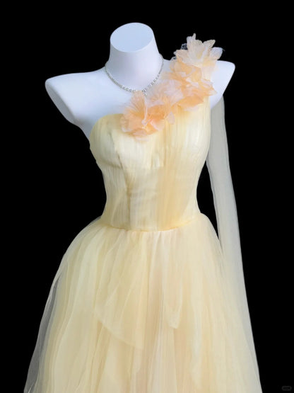 Chic A line One Shoulder Yellow Tulle Sleeveless Long Prom Dress Formal Dress Party Dresses RB7232
