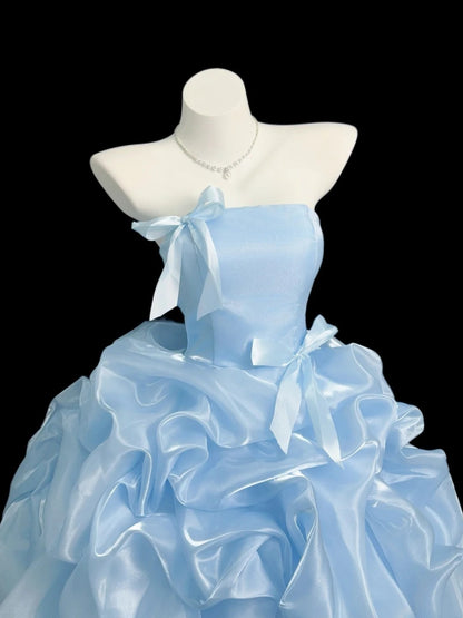 Cute Prom Dress Ball Gown Strapless Light Sky Blue With Ruffled Long Quinceanera Dresses Sweet 16 Dress Formal Outfits RB5444