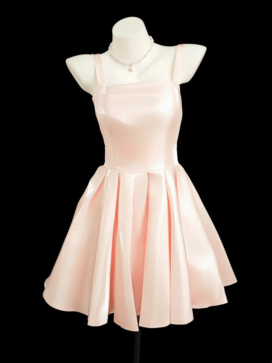 Robes de bal de fin d'année courtes de lycée rose fard à joues avec bretelles spaghetti et ligne A romantique N4553