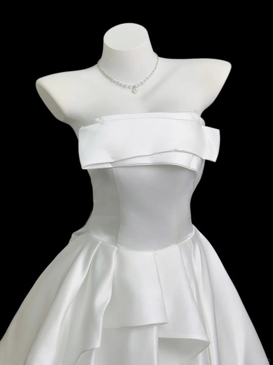 Pretty Ball Gown Strapless White Satin University Ideas Homecoming Dresses Inspo Short Hoco Court Gowns RB7217