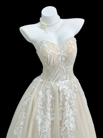 Elegante A-Linien-Sweetheart-Kleider Champagner mit weißer Spitze Bodenlang Ballkleider Inspo Abendoutfits RB4452