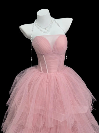 Princess Prom Dresses Formal Ball Gowns Strapless Sleeveless Pink Tulle Long Party Gowns N4509
