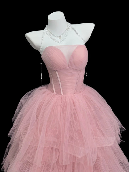 Prinzessin Abschlussballkleider Formelle Ballkleider Trägerlos Ärmellos Rosa Tüll Lange Partykleider N4509