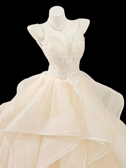 Prinzessin Abschlussballkleider Formelle Ballkleider Spaghettiträger Hell Champagner Lange Partykleider N4557