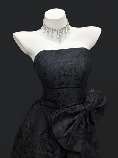 Romantic A Line Strapless Little Black Dress Short With Bow-knot Graduation High School Homecoming Dresses N4492