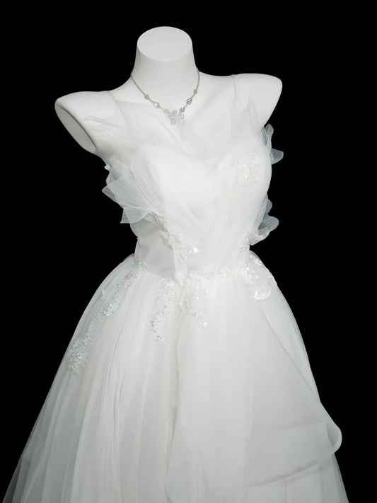 Stylish Ball Gown Spaghetti Strap White Tulle Long Floor Length Prom Dresses Inspo Evening Outfits RB4459