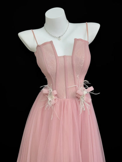 Chic A line Spaghetti Strap Pink Tulle With Ruffled Date Floor Length Night Evening Outfit Formal Prom Dresses RB5446