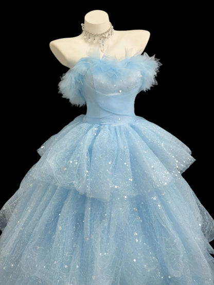 Élégante robe de bal hors de l'épaule en tulle bleu clair longueur ras du sol pour le bal Inspo Tenues formelles RB4453