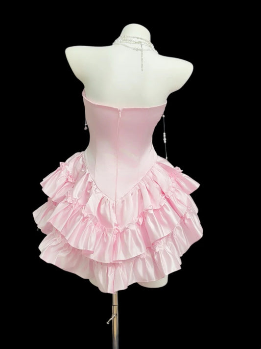 Pretty Ball Gown Strapless Pink Satin With Ruffled Short Cocktail Gown Homecoming Dresses Ideas Hoco Outfit RB5450