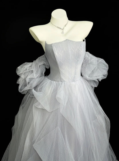 Prinzessin Abschlussballkleider Formelle Ballkleider Off The Shoulder Grau Mit Ärmeln Tüll Lange Partykleider N4534