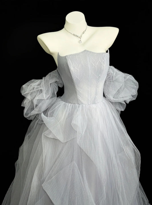 Prinzessin Abschlussballkleider Formelle Ballkleider Off The Shoulder Grau Mit Ärmeln Tüll Lange Partykleider N4534