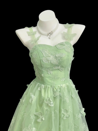 Simple A line Spaghetti Strap Green Lace With Ruffled Date Floor Length Night Evening Outfit Formal Prom Dresses RB5448