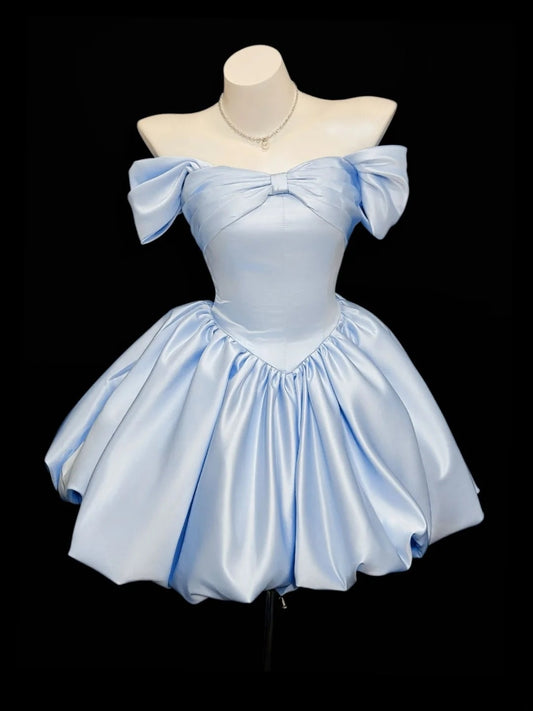 Cute Ball Gown Off The Shoulder Blue Satin Short Cocktail Gown Homecoming Dresses Ideas Hoco Outfit RB5451