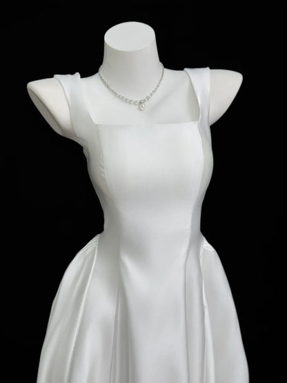 Stylish A Line Square Neck White Satin Floor Length Prom Dresses Inspo Formal Outfits RB4456