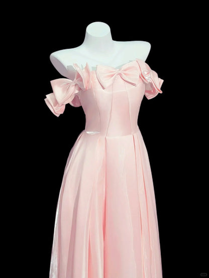 Princess Prom Dresses Formal A Line Off The Shoulder Pink With Sleeves Long Party Gowns N4532