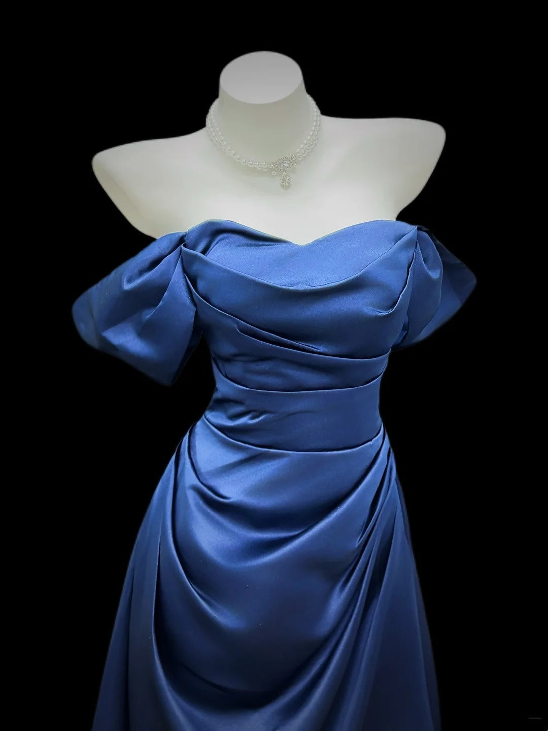 Chic Mermaid Off The Shoulder Navy Blue Satin Ruffled Date Floor Length Night Evening Outfit Formal Prom Dresses RB5437